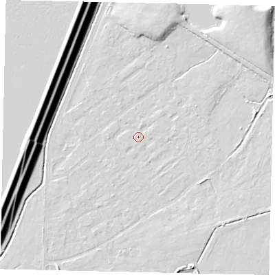 Shaded relief map of the ground around KT123RB, computed from Environment Agency LiDAR. The ground here sits at about 12 m above sea level and falls 16 m across the surrounding 800 m. Surface water reaching this point runs off ground lying to the north-north-east, 0.7 m higher.