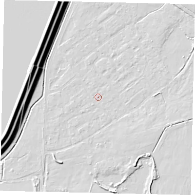 Shaded relief map of the ground around KT123RD, computed from Environment Agency LiDAR. The ground here sits at about 12 m above sea level and falls 16 m across the surrounding 800 m. Surface water reaching this point runs off ground lying to the west, 0.7 m higher.