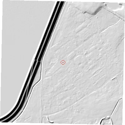 Shaded relief map of the ground around KT123RE, computed from Environment Agency LiDAR. The ground here sits at about 11 m above sea level and falls 16 m across the surrounding 800 m. Surface water reaching this point runs off ground lying to the south, 0.8 m higher.