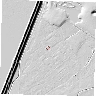 Shaded relief map of the ground around KT123RG, computed from Environment Agency LiDAR. The ground here sits at about 11 m above sea level and falls 16 m across the surrounding 800 m. Surface water reaching this point runs off ground lying to the south-east, 1.8 m higher.