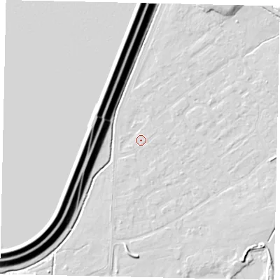 Shaded relief map of the ground around KT123RH, computed from Environment Agency LiDAR. The ground here sits at about 12 m above sea level and falls 16 m across the surrounding 800 m. Surface water reaching this point runs off ground lying to the south, 0.7 m higher.