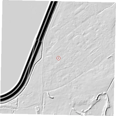 Shaded relief map of the ground around KT123RJ, computed from Environment Agency LiDAR. The ground here sits at about 12 m above sea level and falls 16 m across the surrounding 800 m. Surface water reaching this point runs off ground lying to the south-south-east, 0.6 m higher.