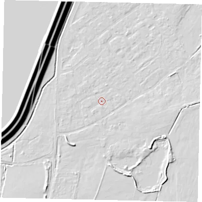 Shaded relief map of the ground around KT123RL, computed from Environment Agency LiDAR. The ground here sits at about 12 m above sea level and falls 16 m across the surrounding 800 m. Surface water reaching this point runs off ground lying to the west-south-west, 0.9 m higher.
