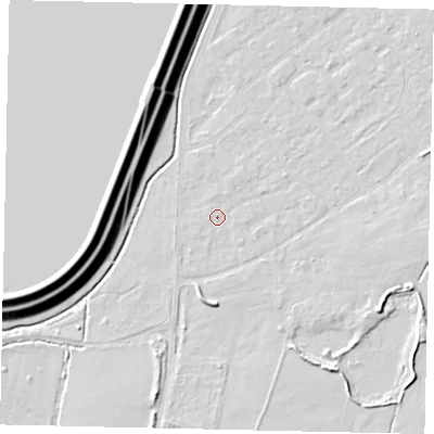 Shaded relief map of the ground around KT123RN, computed from Environment Agency LiDAR. The ground here sits at about 12 m above sea level and falls 16 m across the surrounding 800 m. Surface water reaching this point runs off ground lying to the south-west, 0.7 m higher.