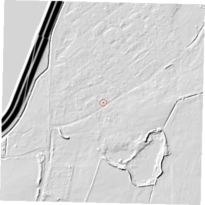 Shaded relief map of the ground around KT123RP, computed from Environment Agency LiDAR. The ground here sits at about 12 m above sea level and falls 16 m across the surrounding 800 m. Surface water reaching this point runs off ground lying to the south-south-east, 3.7 m higher.