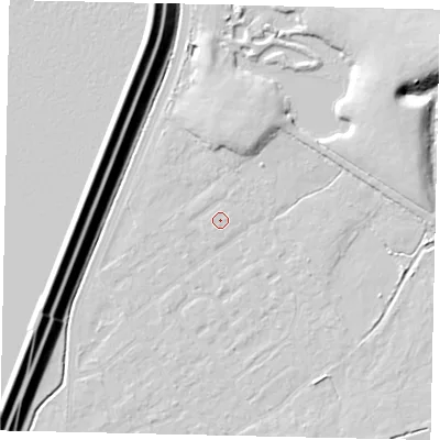 Shaded relief map of the ground around KT123RX, computed from Environment Agency LiDAR. The ground here sits at about 11 m above sea level and falls 16 m across the surrounding 800 m. The ground contributing surface water to this point lies to the south-south-west.