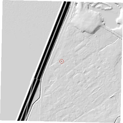 Shaded relief map of the ground around KT123RY, computed from Environment Agency LiDAR. The ground here sits at about 11 m above sea level and falls 16 m across the surrounding 800 m. The ground contributing surface water to this point lies to the west-south-west.