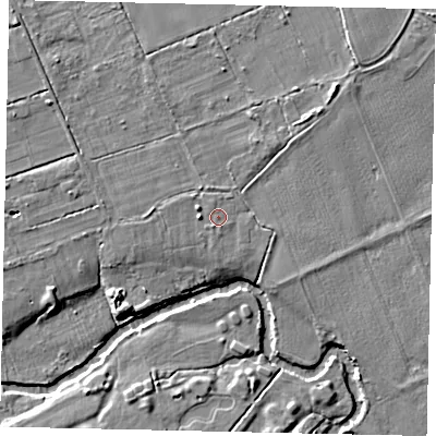 Shaded relief map of the ground around KT124BG, computed from Environment Agency LiDAR. The ground here sits at about 17 m above sea level and falls 6 m across the surrounding 800 m. Surface water reaching this point runs off ground lying to the west, 1.7 m higher.