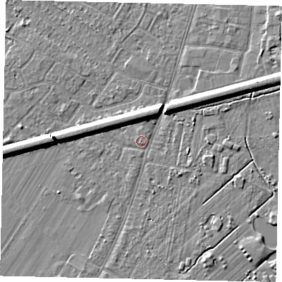 Shaded relief map of the ground around KT124BU, computed from Environment Agency LiDAR. The ground here sits at about 14 m above sea level and falls 7 m across the surrounding 800 m. Surface water reaching this point runs off ground lying to the west-north-west, 5.5 m higher.