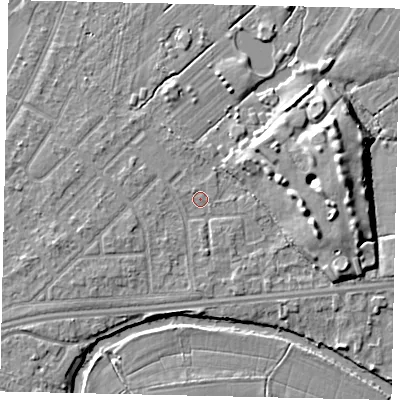 Shaded relief map of the ground around KT124BY, computed from Environment Agency LiDAR. The ground here sits at about 14 m above sea level and falls 8 m across the surrounding 800 m. Surface water reaching this point runs off ground lying to the east, 6.9 m higher.