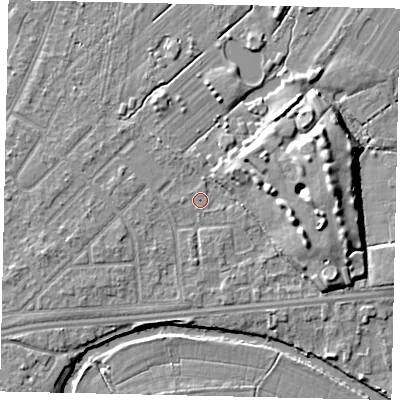 Shaded relief map of the ground around KT124EP, computed from Environment Agency LiDAR. The ground here sits at about 14 m above sea level and falls 8 m across the surrounding 800 m. Surface water reaching this point runs off ground lying to the east, 6.9 m higher.