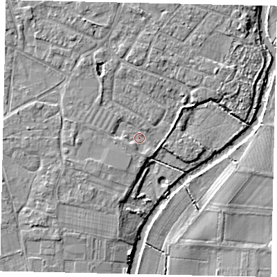 Shaded relief map of the ground around KT124HQ, computed from Environment Agency LiDAR. The ground here sits at about 15 m above sea level and falls 5 m across the surrounding 800 m. Surface water reaching this point runs off ground lying to the west, 1.7 m higher.