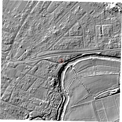 Shaded relief map of the ground around KT124LE, computed from Environment Agency LiDAR. The ground here sits at about 15 m above sea level and falls 6 m across the surrounding 800 m. Surface water reaching this point runs off ground lying to the west-south-west, 1.8 m higher.