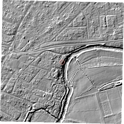 Shaded relief map of the ground around KT124LF, computed from Environment Agency LiDAR. The ground here sits at about 15 m above sea level and falls 6 m across the surrounding 800 m. Surface water reaching this point runs off ground lying to the south-south-west, 4.0 m higher.