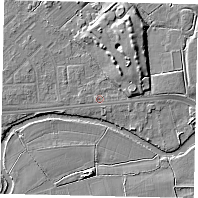 Shaded relief map of the ground around KT124LG, computed from Environment Agency LiDAR. The ground here sits at about 14 m above sea level and falls 9 m across the surrounding 800 m. Surface water reaching this point runs off ground lying to the north-north-east, 6.8 m higher.