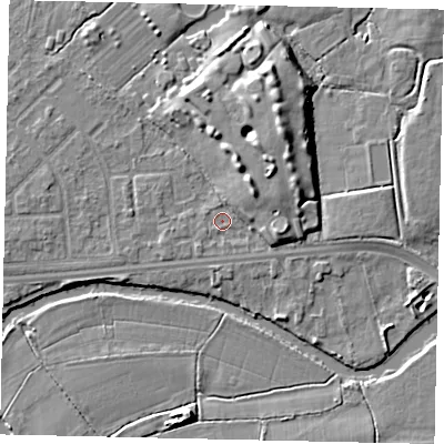 Shaded relief map of the ground around KT124LH, computed from Environment Agency LiDAR. The ground here sits at about 14 m above sea level and falls 9 m across the surrounding 800 m. Surface water reaching this point runs off ground lying to the north-east, 6.8 m higher.