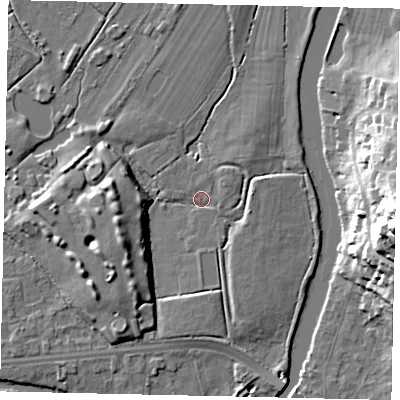 Shaded relief map of the ground around KT124LJ, computed from Environment Agency LiDAR. The ground here sits at about 13 m above sea level and falls 28 m across the surrounding 800 m. Surface water reaching this point runs off ground lying to the west-south-west, 7.7 m higher.
