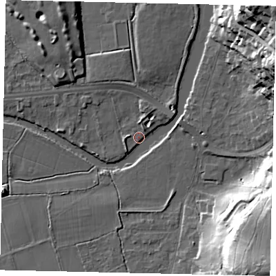 Shaded relief map of the ground around KT124LL, computed from Environment Agency LiDAR. The ground here sits at about 13 m above sea level and falls 34 m across the surrounding 800 m. Surface water reaching this point runs off ground lying to the south-east, 33.2 m higher.