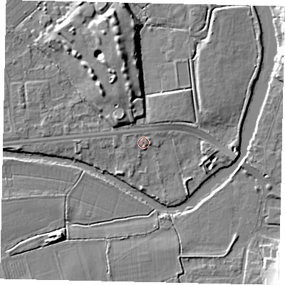 Shaded relief map of the ground around KT124LN, computed from Environment Agency LiDAR. The ground here sits at about 14 m above sea level and falls 11 m across the surrounding 800 m. Surface water reaching this point runs off ground lying to the west, 1.3 m higher.
