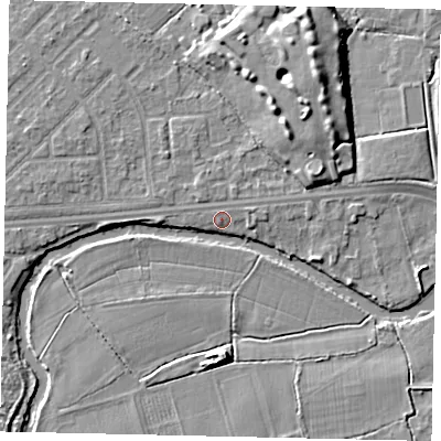 Shaded relief map of the ground around KT124LP, computed from Environment Agency LiDAR. The ground here sits at about 14 m above sea level and falls 8 m across the surrounding 800 m. Surface water reaching this point runs off ground lying to the north-east, 1.3 m higher.