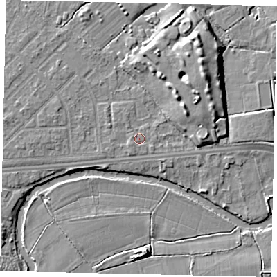 Shaded relief map of the ground around KT124LQ, computed from Environment Agency LiDAR. The ground here sits at about 14 m above sea level and falls 8 m across the surrounding 800 m. Surface water reaching this point runs off ground lying to the south-west, 0.7 m higher.