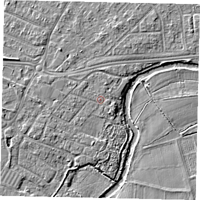 Shaded relief map of the ground around KT124LR, computed from Environment Agency LiDAR. The ground here sits at about 15 m above sea level and falls 5 m across the surrounding 800 m. Surface water reaching this point runs off ground lying to the south-west, 1.3 m higher.