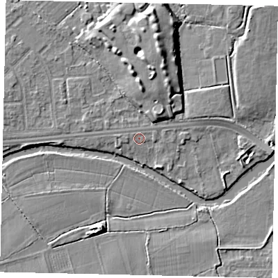 Shaded relief map of the ground around KT124LW, computed from Environment Agency LiDAR. The ground here sits at about 14 m above sea level and falls 9 m across the surrounding 800 m. Surface water reaching this point runs off ground lying to the west, 0.5 m higher.