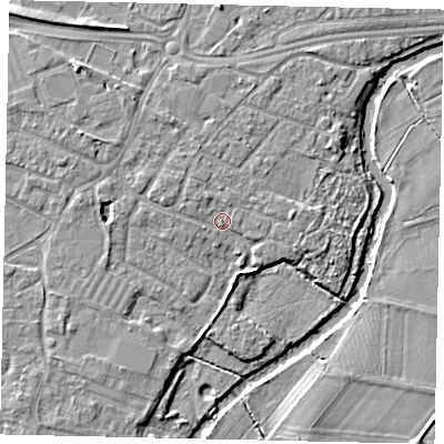 Shaded relief map of the ground around KT124LX, computed from Environment Agency LiDAR. The ground here sits at about 15 m above sea level and falls 6 m across the surrounding 800 m. Surface water reaching this point runs off ground lying to the west-north-west, 2.4 m higher.