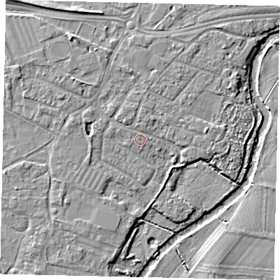 Shaded relief map of the ground around KT124LY, computed from Environment Agency LiDAR. The ground here sits at about 15 m above sea level and falls 6 m across the surrounding 800 m. Surface water reaching this point runs off ground lying to the north-west, 2.4 m higher.