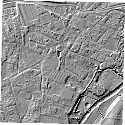 Shaded relief map of the ground around KT124NB, computed from Environment Agency LiDAR. The ground here sits at about 16 m above sea level and falls 6 m across the surrounding 800 m. Surface water reaching this point runs off ground lying to the west, 0.7 m higher.