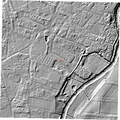 Shaded relief map of the ground around KT124ND, computed from Environment Agency LiDAR. The ground here sits at about 15 m above sea level and falls 5 m across the surrounding 800 m. Surface water reaching this point runs off ground lying to the west-south-west, 1.7 m higher.