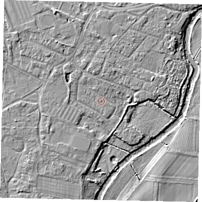 Shaded relief map of the ground around KT124NE, computed from Environment Agency LiDAR. The ground here sits at about 15 m above sea level and falls 6 m across the surrounding 800 m. Surface water reaching this point runs off ground lying to the west-north-west, 2.1 m higher.