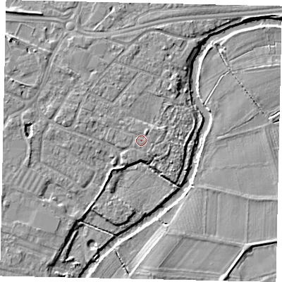 Shaded relief map of the ground around KT124NG, computed from Environment Agency LiDAR. The ground here sits at about 15 m above sea level and falls 6 m across the surrounding 800 m. Surface water reaching this point runs off ground lying to the north-north-east, 0.8 m higher.