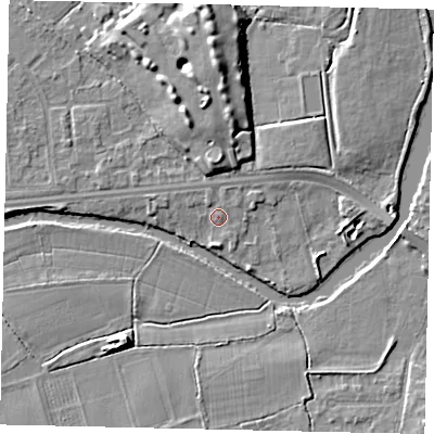Shaded relief map of the ground around KT124NQ, computed from Environment Agency LiDAR. The ground here sits at about 14 m above sea level and falls 9 m across the surrounding 800 m. Surface water reaching this point runs off ground lying to the north-west, 1.2 m higher.
