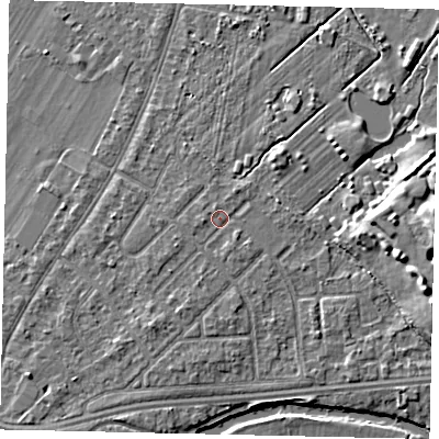 Shaded relief map of the ground around KT124NY, computed from Environment Agency LiDAR. The ground here sits at about 15 m above sea level and falls 7 m across the surrounding 800 m. Surface water reaching this point runs off ground lying to the west, 1.0 m higher.