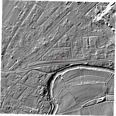 Shaded relief map of the ground around KT124PE, computed from Environment Agency LiDAR. The ground here sits at about 15 m above sea level and falls 6 m across the surrounding 800 m. Surface water reaching this point runs off ground lying to the west-north-west, 0.9 m higher.