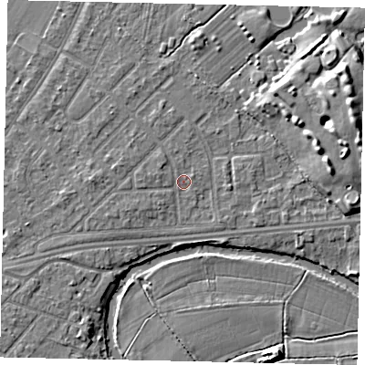 Shaded relief map of the ground around KT124PF, computed from Environment Agency LiDAR. The ground here sits at about 14 m above sea level and falls 8 m across the surrounding 800 m. Surface water reaching this point runs off ground lying to the west-south-west, 1.6 m higher.