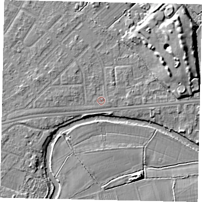 Shaded relief map of the ground around KT124PH, computed from Environment Agency LiDAR. The ground here sits at about 14 m above sea level and falls 8 m across the surrounding 800 m. Surface water reaching this point runs off ground lying to the west, 1.5 m higher.
