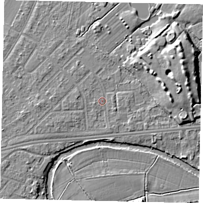 Shaded relief map of the ground around KT124PJ, computed from Environment Agency LiDAR. The ground here sits at about 14 m above sea level and falls 8 m across the surrounding 800 m. Surface water reaching this point runs off ground lying to the east-north-east, 6.9 m higher.