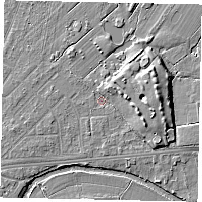 Shaded relief map of the ground around KT124PL, computed from Environment Agency LiDAR. The ground here sits at about 14 m above sea level and falls 8 m across the surrounding 800 m. Surface water reaching this point runs off ground lying to the east, 6.9 m higher.