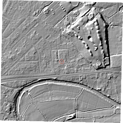 Shaded relief map of the ground around KT124PN, computed from Environment Agency LiDAR. The ground here sits at about 14 m above sea level and falls 8 m across the surrounding 800 m. Surface water reaching this point runs off ground lying to the east-south-east, 0.5 m higher.