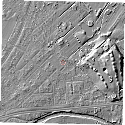 Shaded relief map of the ground around KT124PP, computed from Environment Agency LiDAR. The ground here sits at about 14 m above sea level and falls 8 m across the surrounding 800 m. Surface water reaching this point runs off ground lying to the south-west, 2.1 m higher.