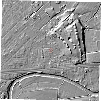 Shaded relief map of the ground around KT124PW, computed from Environment Agency LiDAR. The ground here sits at about 14 m above sea level and falls 8 m across the surrounding 800 m. Surface water reaching this point runs off ground lying to the east-north-east, 6.8 m higher.