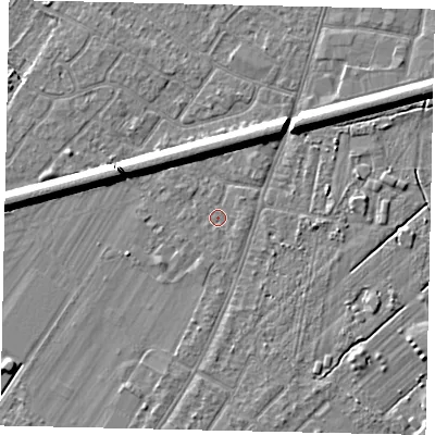 Shaded relief map of the ground around KT124QJ, computed from Environment Agency LiDAR. The ground here sits at about 13 m above sea level and falls 7 m across the surrounding 800 m. Surface water reaching this point runs off ground lying to the south-east, 0.7 m higher.