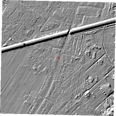 Shaded relief map of the ground around KT124QU, computed from Environment Agency LiDAR. The ground here sits at about 14 m above sea level and falls 6 m across the surrounding 800 m. Surface water reaching this point runs off ground lying to the south-south-west, 1.9 m higher.