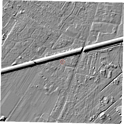 Shaded relief map of the ground around KT124QX, computed from Environment Agency LiDAR. The ground here sits at about 13 m above sea level and falls 7 m across the surrounding 800 m. Surface water reaching this point runs off ground lying to the west, 6.0 m higher.
