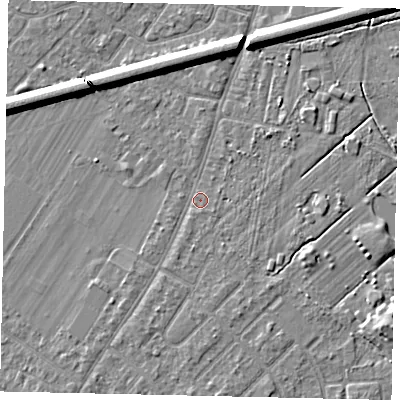 Shaded relief map of the ground around KT124QZ, computed from Environment Agency LiDAR. The ground here sits at about 14 m above sea level and falls 6 m across the surrounding 800 m. Surface water reaching this point runs off ground lying to the south-south-west, 1.8 m higher.