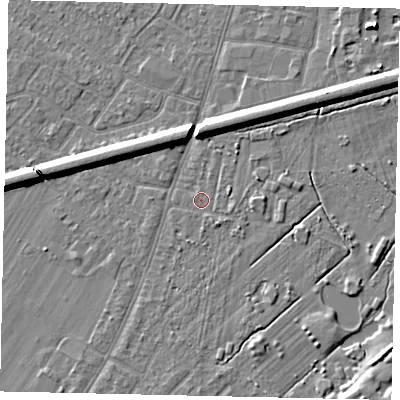 Shaded relief map of the ground around KT124RA, computed from Environment Agency LiDAR. The ground here sits at about 13 m above sea level and falls 6 m across the surrounding 800 m. Surface water reaching this point runs off ground lying to the east, 1.5 m higher.