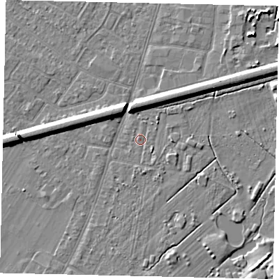 Shaded relief map of the ground around KT124RB, computed from Environment Agency LiDAR. The ground here sits at about 13 m above sea level and falls 7 m across the surrounding 800 m. Surface water reaching this point runs off ground lying to the south, 1.4 m higher.