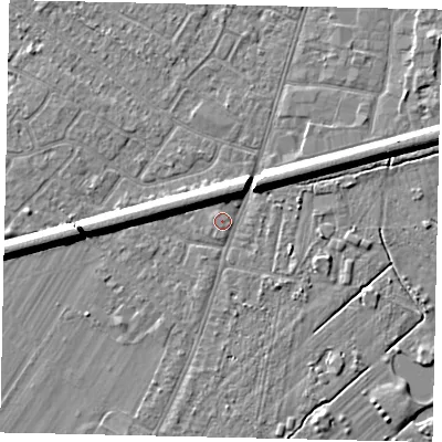 Shaded relief map of the ground around KT124SG, computed from Environment Agency LiDAR. The ground here sits at about 14 m above sea level and falls 7 m across the surrounding 800 m. Surface water reaching this point runs off ground lying to the north, 5.2 m higher.